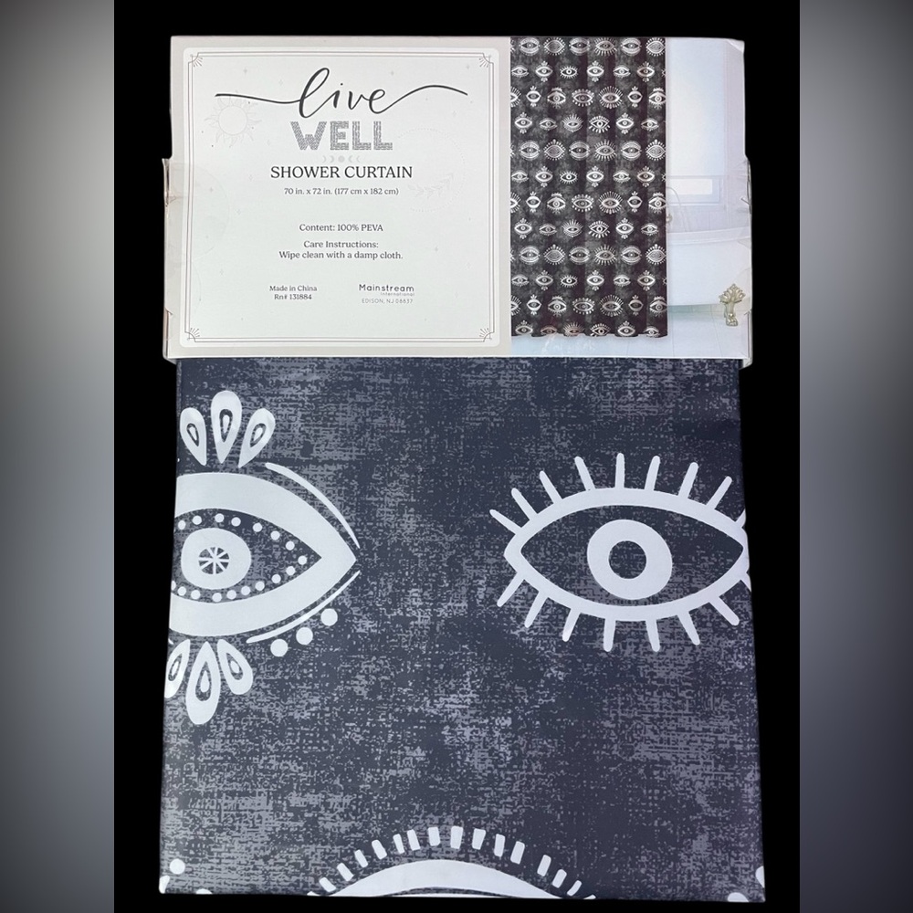 Evil Eye Shower Curtain Charcoal Black White Eyes VooDoo PEVA 70x72 NEW NWT